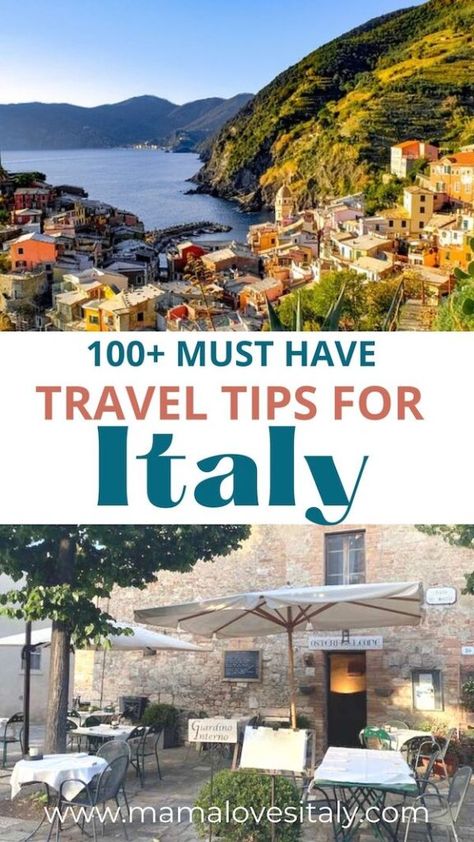 photo of italian coastal town and outdoor restaurant with text: 100+ must have travel tips for Italy Fall In Italy, Italy Fall, Rome Travel Guide, Florence Travel, Things To Do In Italy, Italian Vacation, Italy Itinerary, Italy Summer, Explore Italy