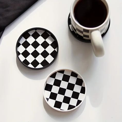 Black White Checkerboard Tea Coasters Desktop Thermal - Temu Door Mat Decor, Tapestry Hanger, Absorbent Coasters, Tea Coaster, Retro Shop, Plant Vase, Cup Mat, White Cups, Nordic Home