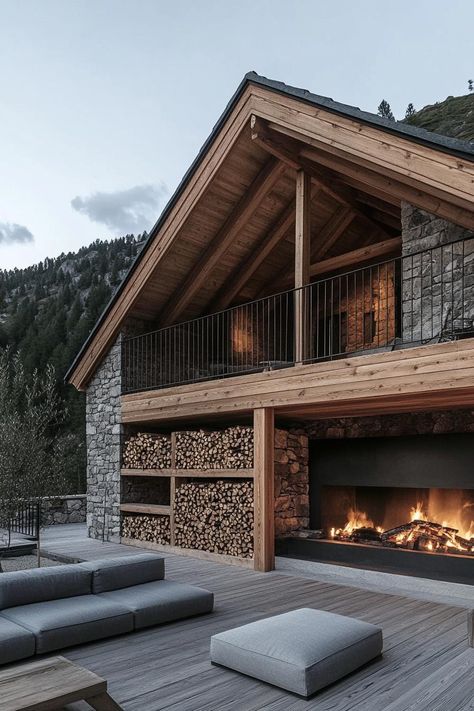 Modern log house in the mountains with a stone fireplace and firewood storage. Check out and drool over all of these enchanting mountain homes with stone fireplaces–the ultimate cozy and rustic retreats. Modern Lodge Decor, Mountain Cabin Exterior, Modern Log Cabin Interior, Mountain Homes Interiors, Cozy Mountain Home, Modern Log House, Boulder House, House In The Mountains, Chalet House