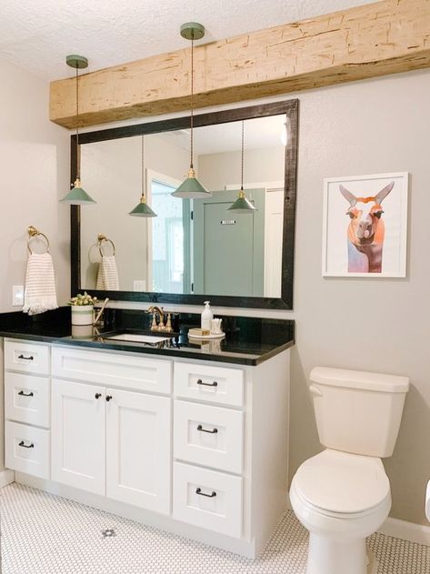 Kids bathroom with penny tile and pendant lights and exposed beam over vanity. #kidsbathroom Make Soffit Look Like A Beam, Wood Beam In Bathroom, Beam In Bathroom, Bathroom Soffit, Soffit Ideas, Glamorous Bathroom Decor, Old Vanity, Nursery Bathroom, Faux Beams