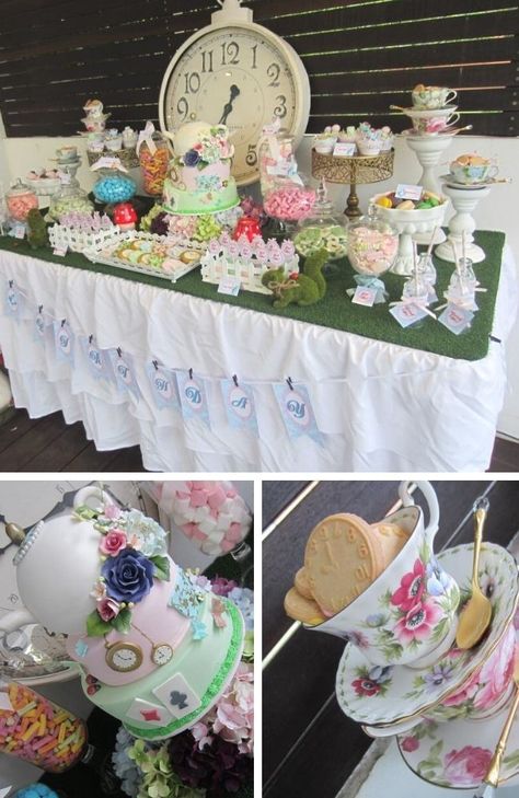 Garden Alice in Wonderland baby shower decorations Mad Hatter Baby Shower Ideas, Alice In Wonderland Baby Shower Theme, Tea Party Cake Table, Dessert Table White, Baby Shower Alice In Wonderland, Baby Shower Tea Party, Autumn Core, Alice In Wonderland Diy, Alice In Wonderland Tea Party Birthday