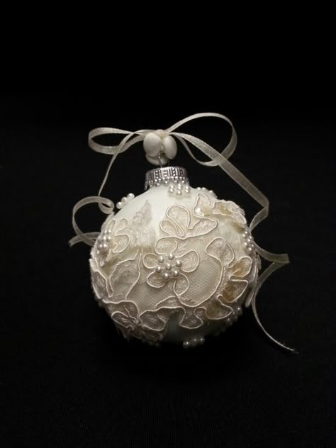 Keepsake ornament made from vintage bridal gown. Great way to pass the heirloom on to multiple family members.  By My Beloved ~ Redemptive Bridal Couture Christmas Ornament From Wedding Dress, Ornaments Made From Wedding Dress, Wedding Dress Christmas Ornaments, Crafts Made From Old Wedding Dress, Keepsakes From Wedding Dress, Wedding Dress Ornaments, Ways To Repurpose A Wedding Dress, Wedding Dress Memory Ideas, Wedding Dress Ornament