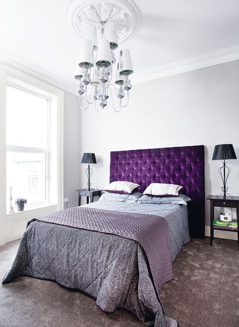 Bedroom with purple headboard Bedroom Purple Walls, Purple Wall Bedroom, Bedroom Suits, Purple Headboard, Purple Bedroom Design, Renovated Victorian, Purple Bedroom Decor, Bedroom Purple, Victorian Townhouse