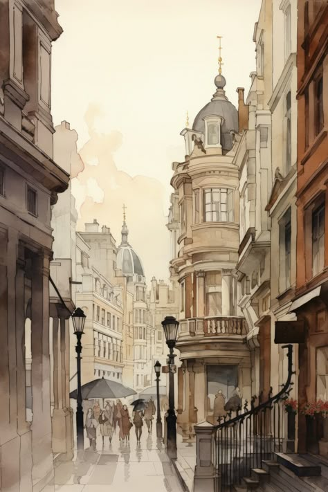 london street scene in watercolor and ink Watercolor Street Scenes, Watercolour London, Hallway Painting, Building Paintings, Watercolour City, Street Watercolor, Urban Drawing, Architecture Paintings, London Drawing