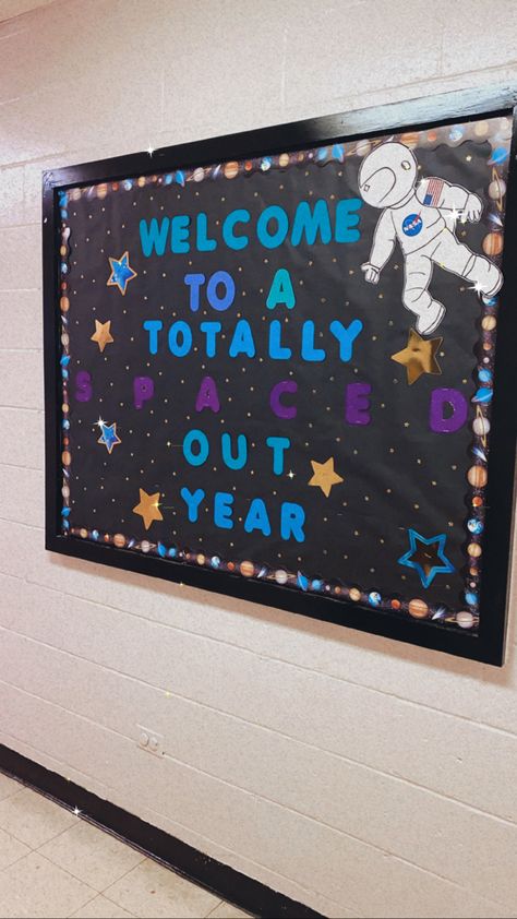 Space bulletin board #teacherlife #spaceandastronomy #scienceforkids Outer Space Bulletin Board Ideas Classroom Themes, Earth And Space Science Bulletin Boards, Shoot For The Moon Bulletin Board, Spaceship Bulletin Board Ideas, Outer Space School Theme Bulletin Boards, Out Of This World Bulletin Board, Space Class Decorations, Space Theme Birthday Board, Space School Decoration