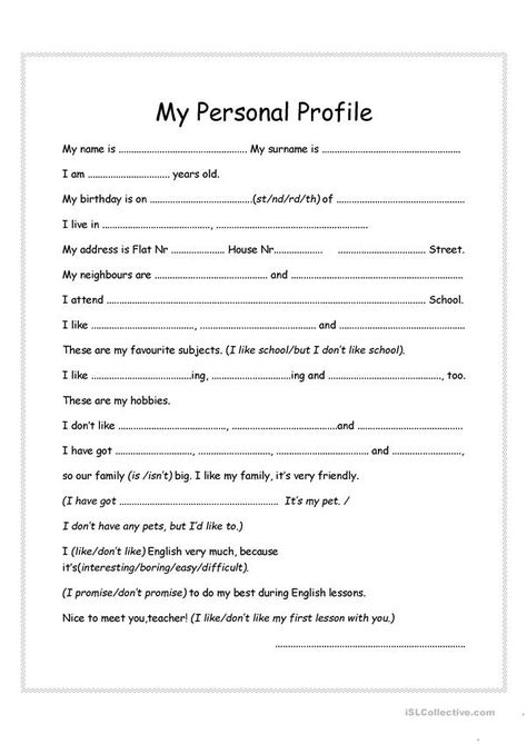 My Personal Profile - English ESL Worksheets for distance learning and physical classrooms Persona Profile, Teaching Spelling Rules, Kindergarten Graduation Ideas, Martin Luther King Worksheets, Writing Sentences Worksheets, Describing People, Career Lessons, Persuasive Text, Application Writing