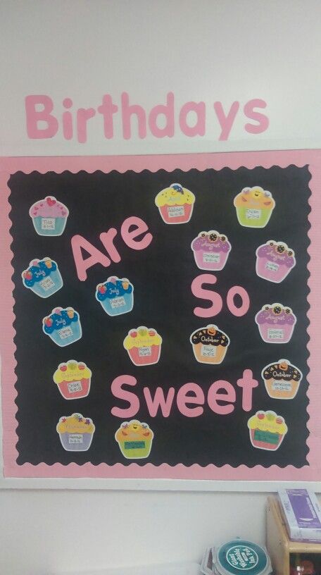 Cupcake birthday board Cupcake Birthday Display Classroom, Cupcake Birthday Wall For Classroom, Cupcake Birthday Board Classroom, Birthdays Are Sweet Bulletin Board, School Birthday Display, Birthday Board Workplace, Infant Room Birthday Board Ideas, Birthday Boards For Toddlers Classroom, Birthday Bulletin Boards Preschool