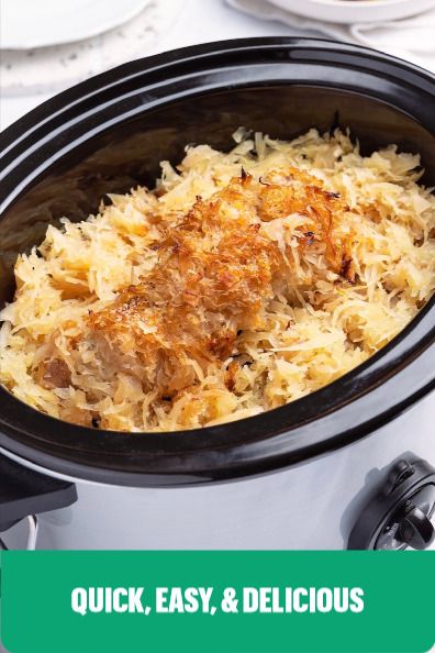 Quick and easy Crock-pot Pork & Sauerkraut dinner recipe from Frank's Kraut. 3 Hour Crockpot Recipes, Crock Pot Pork And Sauerkraut Recipe, Sauerkraut Dinner, Crockpot Pork And Sauerkraut, Sauerkraut Crock, Pork Sauerkraut, Pork And Sauerkraut Recipe, Pork Loin Crock Pot Recipes, Pork Roast And Sauerkraut