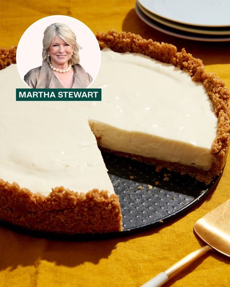 Cheesecake on plate with fork and water labeled 'Martha Stewart'. Cheesecake In A Pie Plate, Martha Stewart Cheesecake, 4 Ingredient Cookies, Cookie Cheesecake, Pot Cookies, Banana Pudding Cheesecake, Baked Cheesecake Recipe, Classic Cheesecake, Bake Cheesecake