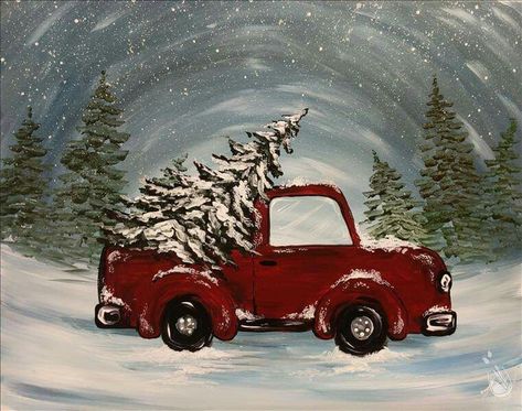 Truck & Tree Christmas Red Truck, Christmas Paintings On Canvas, Painting Party, Holiday Painting, Winter Painting, Christmas Canvas, Christmas Truck, Night Painting, Tole Painting