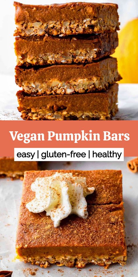 A stack of vegan and gluten free pumpkin bars. Vegan Gf Pumpkin Dessert, Vegan Thanksgiving Dessert Recipes, Milk Bar Pumpkin Pie, Vegan Pumpkin Recipes Desserts, Vegan Pumpkin Dessert, Vegan Pumpkin Bars, Pumpkin Pie Healthy, Vegan Fall Dessert Recipes, Vegan Pumpkin Pie Bars