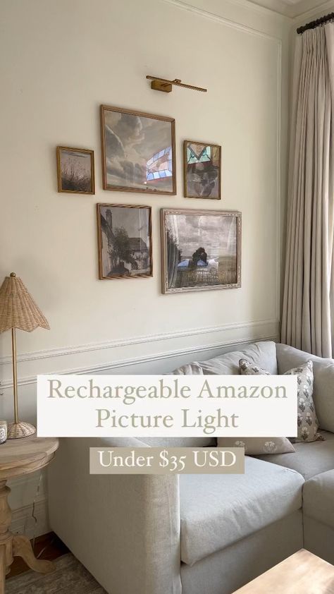 Picture Lamp Wall, Above Picture Lighting, Small Gallery Decor Ideas, 3 Photos With Picture Lights Above, 3 Photos With Photo Lights Above, Picture Light Above Tv, Light Above Artwork, Picture Light Over Tv, Picture Light In Hallway