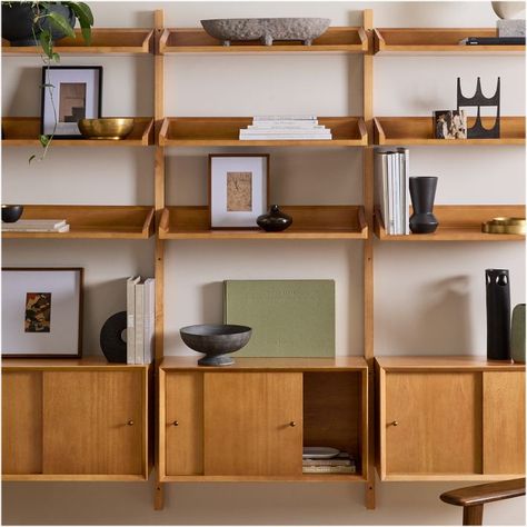 Mid-Century Modular Set w/ 3 Shelves & Cabinets | West Elm Modular Shelving Living Room, Mid Century Modern Shelving Wall, Desk Shelving Unit, Mid Century Modern Shelves, Mid Century Wall Unit, Mid Century Modern Bookcase, Modular Bookshelves, Mid Century Storage, Storage Bookshelf