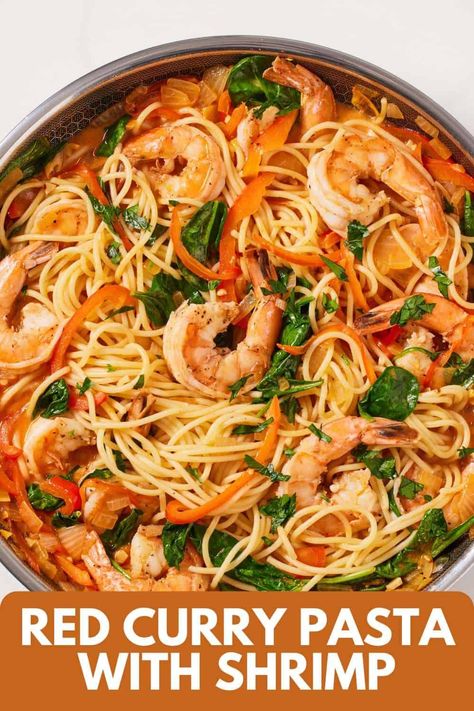 This Red Curry Pasta with Shrimp is the perfect easy weeknight dinner. It doesn’t take long to prepare, so you can whip it up in a couple of minutes. Perfectly seared shrimp and noodles nestled into a fragrant red curry sauce, this meal will become your new go-to dish. Red Curry Shrimp Recipe, Shrimp And Pasta Recipes Red Sauce, Curry Shrimp Pasta, Thai Red Curry Shrimp Recipe, Red Thai Curry Shrimp With Rice Noodles, Thai Red Curry Noodle Soup Shrimp, Shrimp And Noodles, Thai Prawn Curry Red, Red Curry Shrimp