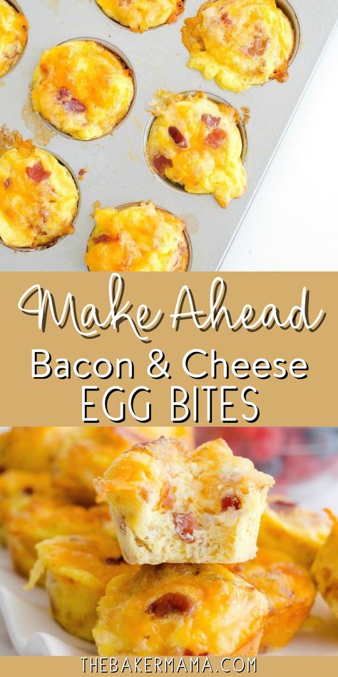 Make Ahead Bacon & Cheese Egg Bites are quick, easy and oh so tasty! Whisk together eggs, salt, milk, cheese, and bacon bits. Fill mini muffin cups, sprinkle with more cheese, and bake until golden. Allow to set before serving. Easy, delicious make-ahead bacon and cheese egg bites for a fuss-free breakfast. Bacon Egg And Cheese Bites, Egg And Cheese Bites, Cheese Egg Bites, Cheese Bites Recipe, Bacon Egg Cheese, Breakfast Bacon, Egg Bites Recipe, Bacon Egg And Cheese, Egg Cheese