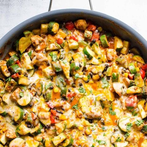 Tex Mex Chicken and Zucchini Skillet — The Yellowbird Foodshed Spring Mix Salad Recipes, Chicken Zucchini Recipes, Pot Roast Seasoning, Chicken And Zucchini, Low Carb Pancake Recipe, Lamb Shank Recipe, Tex Mex Chicken, Cottage Cheese Eggs, Spring Mix Salad