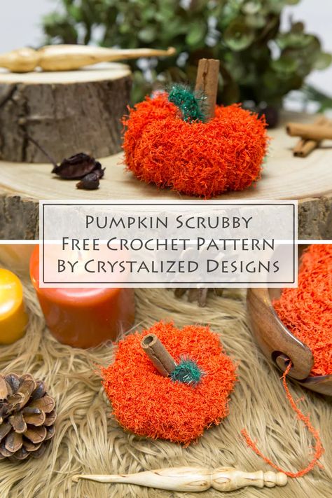 Pumpkin Scrubby Free Crochet Pattern by Crystalized Designs Pumpkin Scrubbies, Scrubby Yarn Patterns, Scrubby Crochet Pattern, Scrubby Yarn Crochet Patterns, Crochet Dish Scrubber, Scrubby Yarn Crochet, Fall Creations, Pumpkin Crochet Pattern, Scrubbies Crochet Pattern