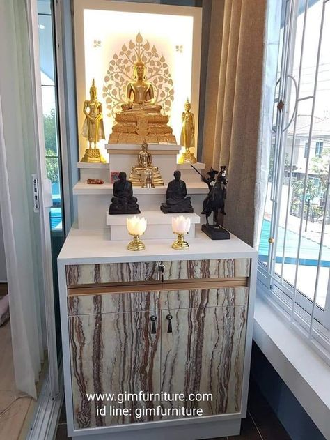 Thai Altar Design, Buddha Room Design, Buddha Room, Tv Cabinet Design Modern, Altar Cabinet, Altar Design, Thai Design, Mandir Design, Tv Cabinet Design