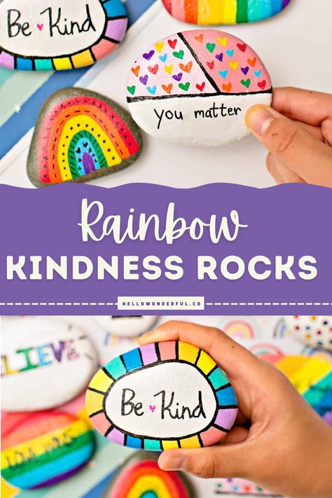 RAINBOW KINDNESS ROCKS – INSPIRATIONAL PAINTED ROCKS Kindness Rainbow Craft, Painted Rock Rainbow, Inspiring Rock Painting, Kindness Rocks Ideas Easy, Back To School Painted Rocks, Easy Painted Rocks For Beginners, Kindness Rocks Ideas, Rainbow Rock Painting, Affirmation Rocks