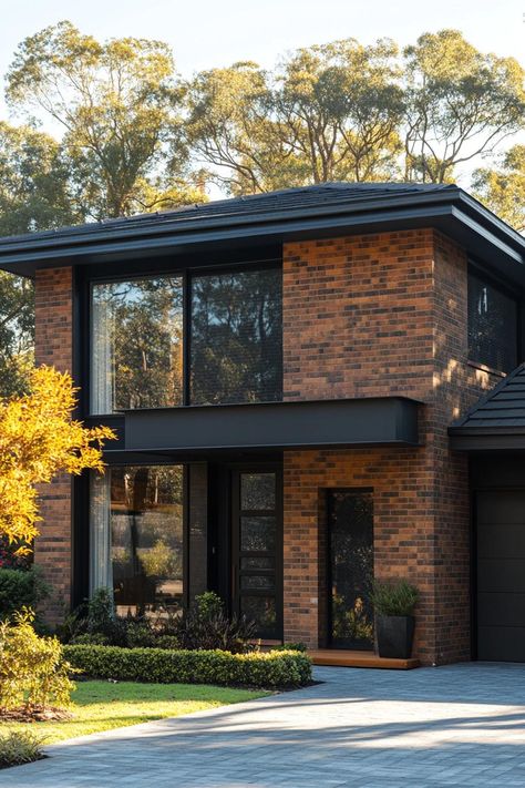 Modern brick house with large windows and lush landscaping. Brick facade houses stand out like a flashy bow tie at a black-tie event. See why they might just be the charming exteriors you didn’t know you needed. Brick Home Painted Black, White Brick With Black Siding, Villa Brick Facade Design, Brick Design House, Home Facade Design Modern, Black And Brick House Exterior, Modern Industrial House Exterior, Brick Veneer Exterior, Brick Homes Exterior