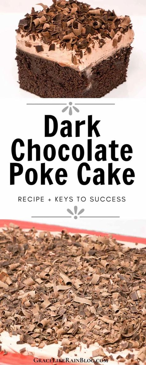 Dark Chocolate Poke Cake is a rich and fudgy dark chocolate cake that is filled and topped with so much chocolate that your taste buds won't know what hit them. It even has a giant-sized Hershey's Special Dark chocolate bar in it. Wow, that's a win! | Chocolate Poke Cake from box mix | Chocolate poke cake with hot fudge | fudge Poke Cake | Easy Poke Cake with Pudding | #pokecake #chocolate #cakemix #pudding #coolwhip