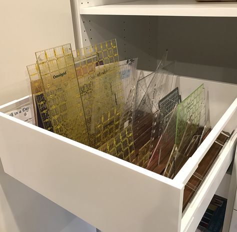 Quilt Ruler Storage, Ruler Storage, Corner Nook, Insulation Sheets, Pony Wall, Half Walls, Stock Cabinets, Sewing Room Organization, Installing Cabinets