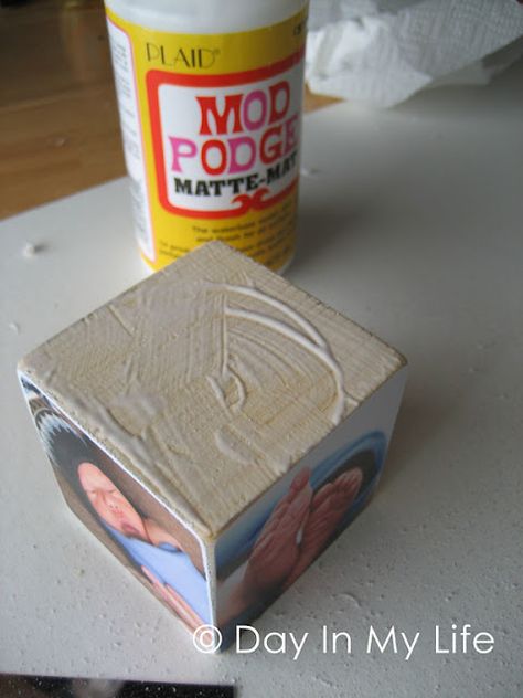 Photo Blocks Photo Blocks Diy Wood, Mod Podge Pictures, Diy Photo Cube, Wood Blocks Diy, Picture Cube, Wood Craft Patterns, Mod Podge Crafts, Wood Block Crafts, Photo Cubes