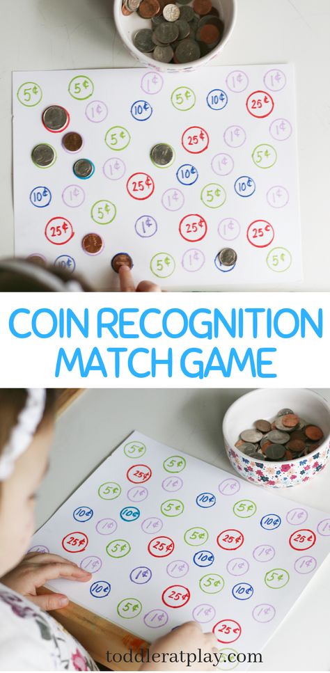 This Matching Game was a huge success! First, because this was my first introduction of “coins” to Alina (4) and she actually, absolutely, suprisingly LOVED IT! And second, because it was so easy to set up yet it captured her attention for quite a while and I was so happy she was having fun learning something new! #learningmoney #learningcoins #matchinggame #preschool Number Activities Preschool, Learning Money, Money Activities, Coin Games, Match Game, Fun Math Games, Numbers Preschool, Easy Arts And Crafts, Play Activities