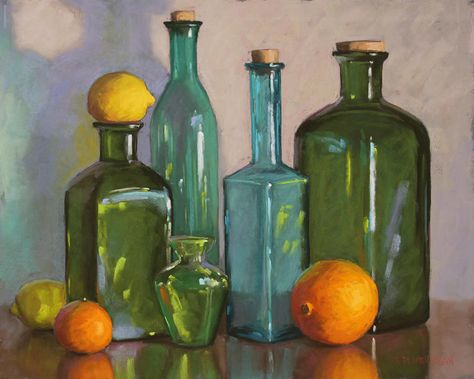 Bottles Still Life, Green Glass Bottles, Glass Bottles Art, Still Life Drawing, Watercolor Paintings Tutorials, Painting Still Life, Still Life Art, Bottle Painting, Painting Photos