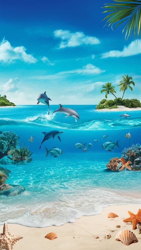 Immerse yourself in the beauty of a tranquil turquoise sea under a cloudless azure sky with our vibrant ocean wallpaper. Gentle waves lap at a white sandy shoreline adorned with scattered seashells and starfish, while colorful coral formations and a school of tropical fish grace the clear waters. Watch playful dolphins jump out of the water in the mid-ground, set against a backdrop of a scenic island with lush greenery and swaying palm trees. Let this serene and inviting scene bring the beauty of a pristine tropical paradise to your screen. Live Sea Wallpaper, Under The Sea Wallpaper, Dolphin Wallpaper, Under The Sea Background, Sea Life Wallpaper, Summer Beach Wallpaper, Sea Turtle Painting, Island Wallpaper, Dolphin Art