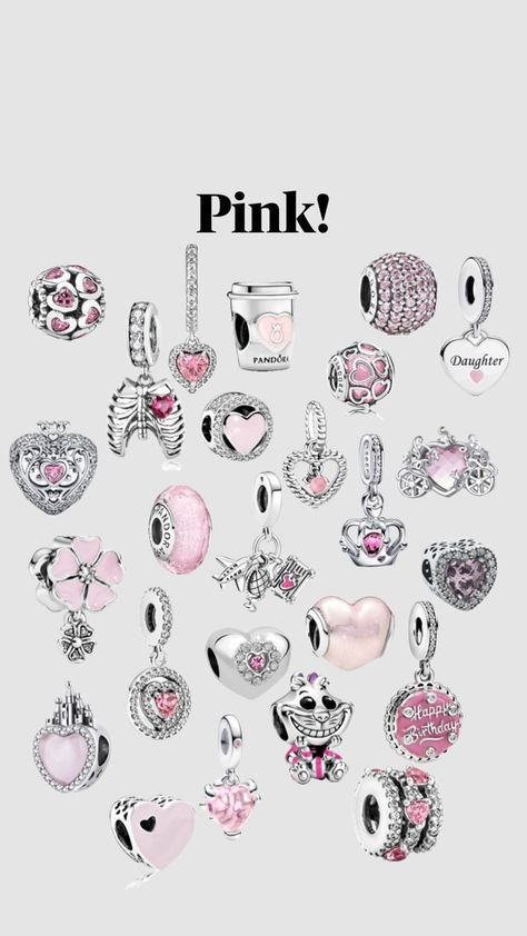 Pandora Bracelet Charms Ideas Pink, Pandora Charm Bracelet Pink, Pink Pandora Charm, Pandora Pink Charms, Pandora Pink Bracelet, Pandora Charms Aesthetic, Pink Pandora Charms, Pandora Bracelet Aesthetic, Pink Pandora Bracelet