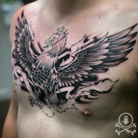 Phoenix Chest Tattoo Men, Phoenix Chest Tattoo, Men Chest, Crow Tattoo, Chest Tattoo Men, Phoenix Tattoo, American Traditional, Chest Tattoo, Tattoo Idea