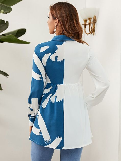 Brush Print Color Block Ruffle Hem Blouse | SHEIN ASIA Ruffle Hem Blouse, Women Tie, Hem Blouse, Blue And White Style, Women Blouses, Puff Sleeve Blouse, Satin Top, Floral Print Tops, Puff Sleeve Top