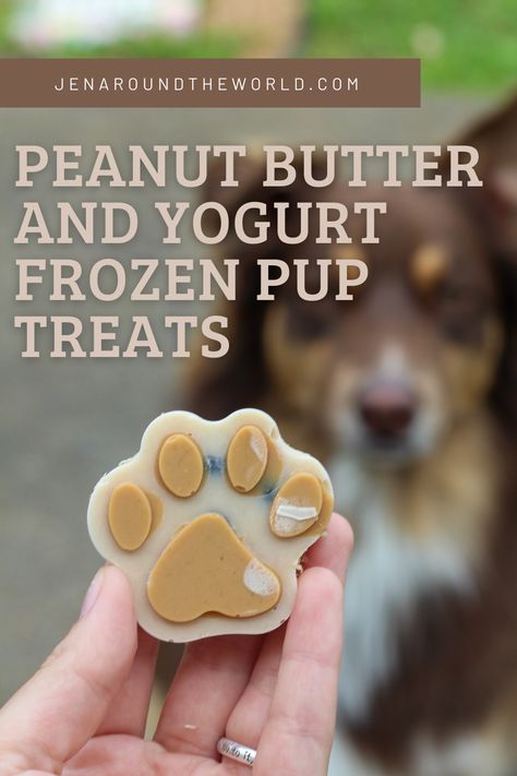 Peanut Butter and Yogurt Frozen Pup Treats - Jen Around the World Fresh Dog Treats, Healthy Soft Dog Treats Homemade, Cold Dog Treats Homemade, Cold Dog Treats, Pup Treats, Pupsicle Pops Recipes, Dog Cold Treats, Frozen Treats For Dogs Recipe, Pup Sicles