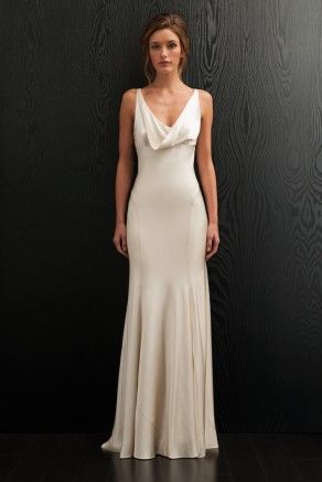 Amanda Wakeley  Spring 2016 Bridal Summer Wedding Dress Simple, Draped Satin Wedding Dress, Plunging Back Dress, Draped Neckline Dress, Drape Neck Dress, Soft Summer Wedding Dress, Plunge Neck Wedding Dress, Simple Vintage Wedding Dress, Elegant Simple Wedding Dress