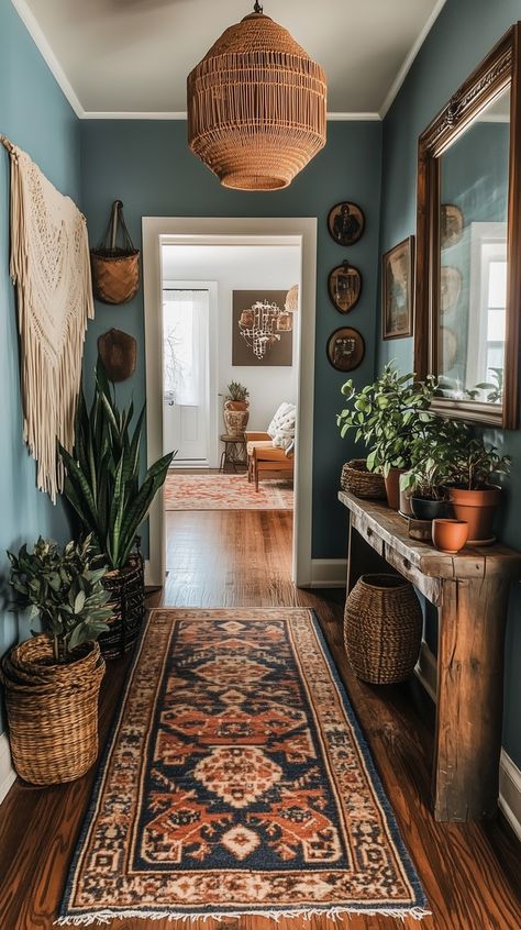 Elevate Your Home with These Inspiring Bohemian Hallway Décor Ideas - Remodr Hallway Narrow Decor, 2025 Home Aesthetic, Art Over Doorway, Hallway Ideas Colourful, Cozy Home Makeover, Whimsical Bohemian Style, Eclectic Hallway Ideas, Unique Home Aesthetic, Row House Entryway