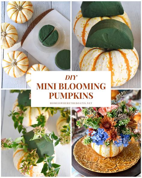 DIY MIni Blooming Pumpkins for Thanksgiving #thanksgiving #tablescape #turkey #pumpkin #floral #centerpiece #diy ©homeiswheretheboatis.net Thanksgiving Pumpkin Decorating, Thanksgiving Table Setting Ideas, Pumpkin Table Centerpiece, Pumpkin Tablescape, Thanksgiving Centerpieces Diy, Chocolate Turkey, Turkey Napkins, Diy Turkey, Centerpiece Diy