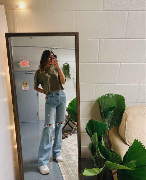 zara jeans, sage green shirt, & nike air force 1s Green Air Force 1 Outfit, Sage Shirt Outfit, Sage Green Shirt Outfits, Light Green Shirt Outfit, Alternative Aesthetic Outfits, Sage Green Shirt, Green Shirt Outfits, Air Force 1 Outfit, Alternative Aesthetic