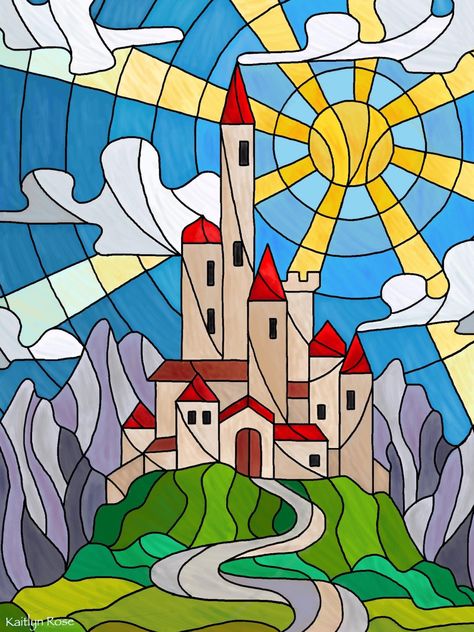 Glass Castle, Sea Glass Mosaic, Face Line Drawing, Old Castle, Mountain Illustration, Glass Painting Designs, Painted Glass Art, Stained Glass Paint, Stained Glass Designs