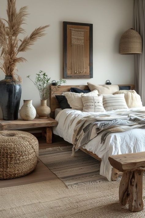 Scandi Bedroom, Boho Bedroom Design, Boho Bedroom Ideas, Scandi Boho, Bedroom Decorations, Sleek Furniture, Relaxing Bedroom, Handcrafted Decor, Air Bnb