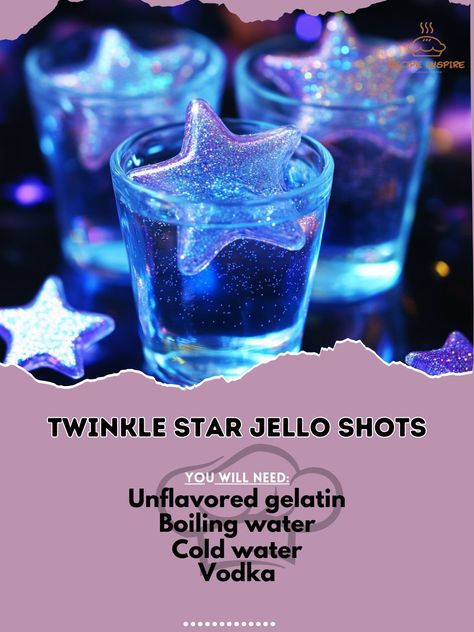 ✨ TWINKLE STAR Jello Shots: Make your party sparkle with these twinkling jello shots! 🌟✨ #TwinkleStarJelloShots #PartySparkle TWINKLE STAR Jello Shots Ingredients: Unflavored gelatin (2 envelopes) Boiling water (1 cup) Cold water (1/2 cup) Vodka (1/2 cup) Edible glitter (for garnish) Instructions: Dissolve unflavored gelatin in boiling water. Stir in cold water and vodka. Pour into shot glasses and refrigerate until set. Sprinkle edible glitter on top before serving. ✨ Add some sparkle to... Winter Themed Jello Shots, Space Theme Jello Shots, Sparkly Jello Shots, Galaxy Jello Shots, Pretty Jello Shots, How To Make Jello Shots With Vodka, Gold Jello Shots, Glitter Jello Shots, Birthday Jello Shots