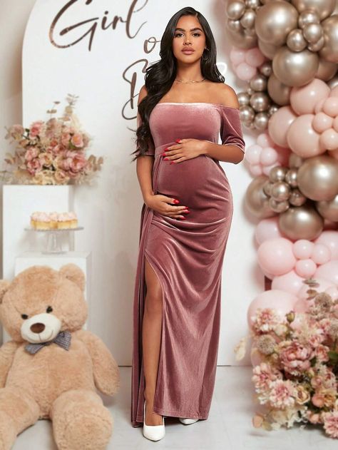 SHEIN Maternity Off Shoulder Split Thigh Velvet Dress | SHEIN USA Velvet Maternity Dress, Vestidos Para Baby Shower, Pregnant Party Dress, Latest Maternity Dresses, Maternity Fashion Dresses, Pink Maternity Dress, Shein Maternity, Split Hem Dress, 파티 드레스