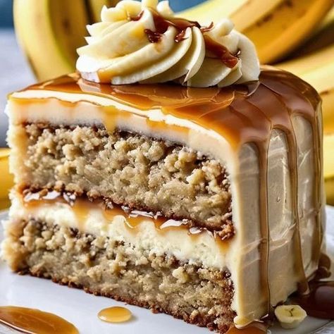 Heavenly Banana Caramel Dream Cake Recipe | Delightful Dessert Caramel Banana Cake, Optimal Recipes, Easy Layer Cake, Caramel Cake Recipe, Banana Caramel, Caramel Filling, Layer Cake Recipes, Pecan Cake, Caramel Cake