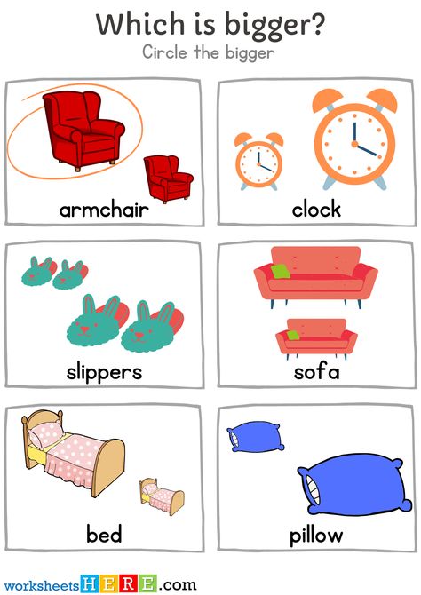 Which is bigger? Finding Bigger Furniture Activity PDF Worksheets For Kindergarten - WorksheetsHere.com Kindergarten Tables, Symmetry Worksheets, Electric Socket, Words List, Ottoman Chair, Preschool Math Worksheets, Worksheets For Kindergarten, Alphabet Practice, Learning Style