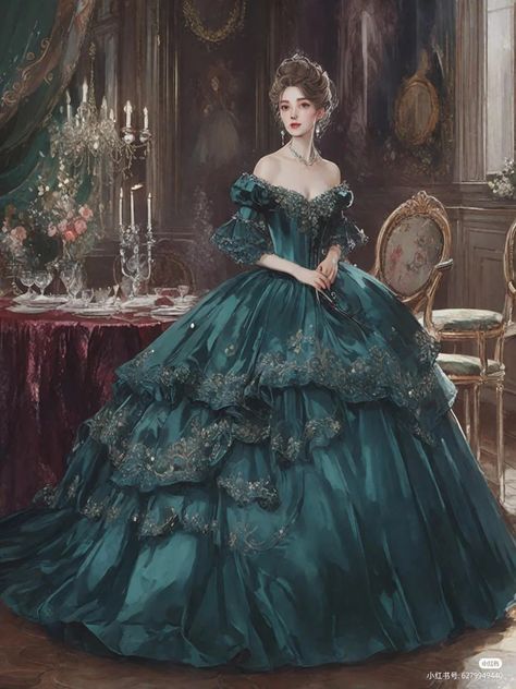 1800 Royal Dress, Princess Aesthetic Medieval, Old Princess Dresses Ball Gowns, Victorian Dress Green, Victorian Dress Painting, Elegant Victorian Dresses, Fantasy Dresses Aesthetic, Victorian Era Dresses Aesthetic, Victorian Ball Gowns Princesses