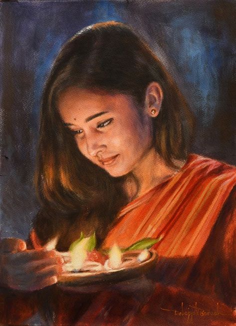 Girl with Lamp Acrylic Portrait Painting on Paper by Debojyoti Boruah Diwali Painting Ideas Aesthetic Indian, Poster Color Painting Artworks, Acrylics Portraits, Mataji Drawing, Diwali Watercolor, Diwali Painting Ideas, Diwali Drawing Painting Ideas, Types Of Indian Paintings, Canvas Painting Portrait