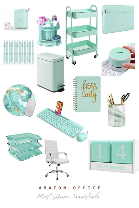 Teal And Gray Office Decor Ideas, Green Office Desk Decor, Office Decor Turquoise, Tiffany Blue Office Decor Work Spaces, Mint Home Office, Teal Blue Office Ideas, Mint Green Desk Setup, Pink And Teal Office Ideas, Mint Office Decor