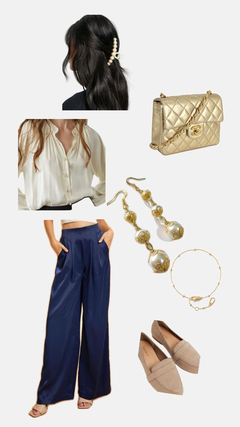 Wide leg satin navy blue pants, tan loafers Pearl earrings half up half down hair barrette clip gold crossbody purse Navy Blue Pants, Office Outfit, Half Up Half Down Hair, Barrette Clip, Half Up Half Down, Blue Pants, Hair Barrettes, Office Outfits, Half Up