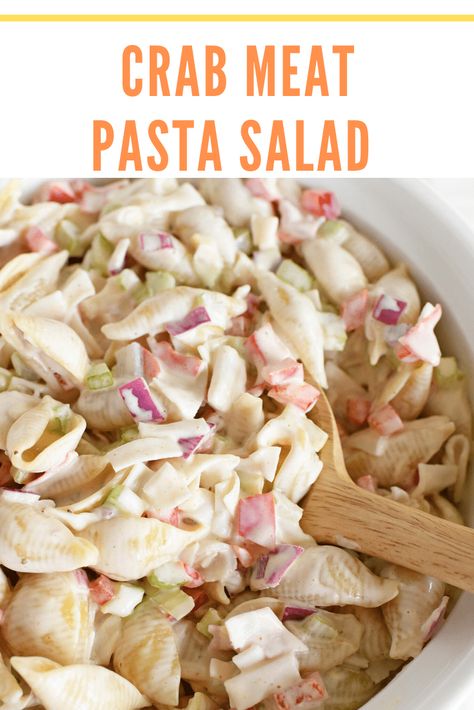 Pasta Salad With Crab Meat, Crab Macaroni Salad, Pasta Crab Salad Recipe Easy, Pasta Crab Salad, Shell Pasta Salad, Crab Salad Recipe Pasta, Imation Crab Salad Recipes, Imitated Crab Recipes, Crab Meat Pasta