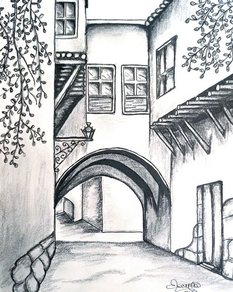 [𝑺𝒂𝒗𝒆 & 𝑭𝒐𝒍𝒍𝒐𝒘]~♡´･ᴗ･`♡ Boho Pencil Drawings, Building Landscape Drawing, Colorable Drawings, Drawing Buildings Sketch Easy, Building Sketch Simple Architectural Drawings, Easy Building Drawings, Easy Architecture Drawing, Pencil Art Drawings Landscape, Vacation Drawing Ideas